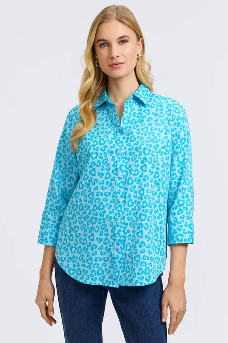 Foxcroft Margie Cheetah Three-Quarter Sleeve Blouse in Blue