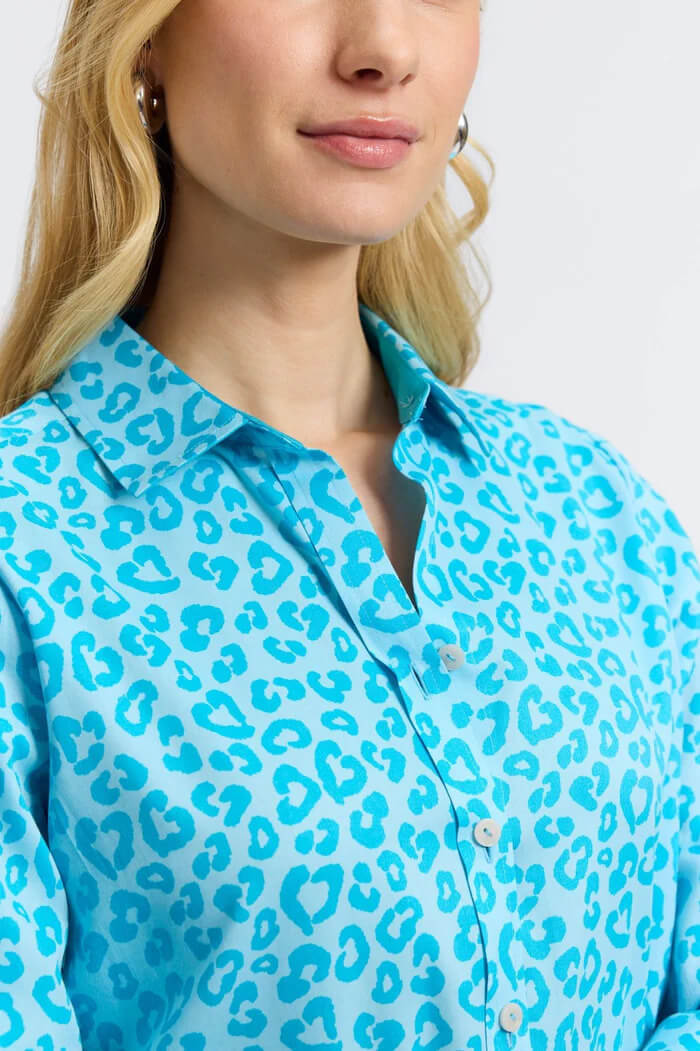 Foxcroft Margie Cheetah Three-Quarter Sleeve Blouse in Blue