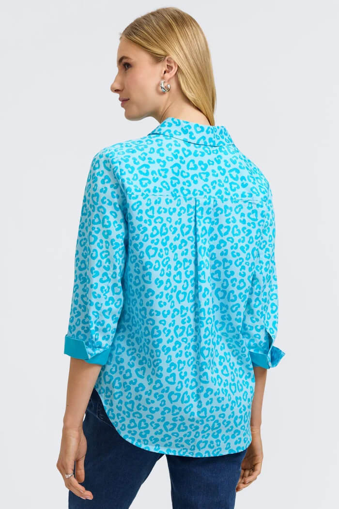 Foxcroft Margie Cheetah Three-Quarter Sleeve Blouse in Blue