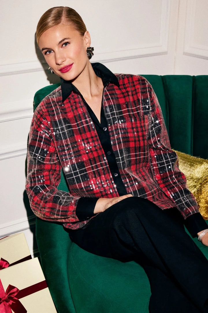 Marina Long Sleeve Sequin Plaid Shirt in Red