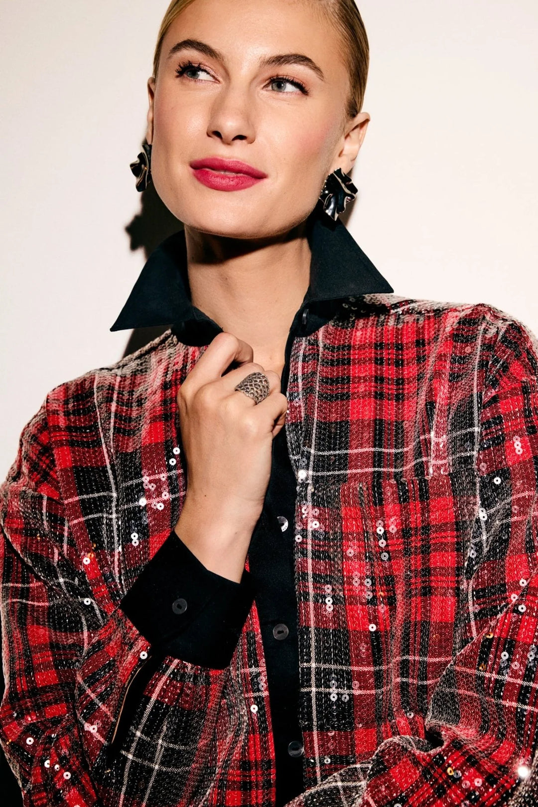 Marina Long Sleeve Sequin Plaid Shirt in Red