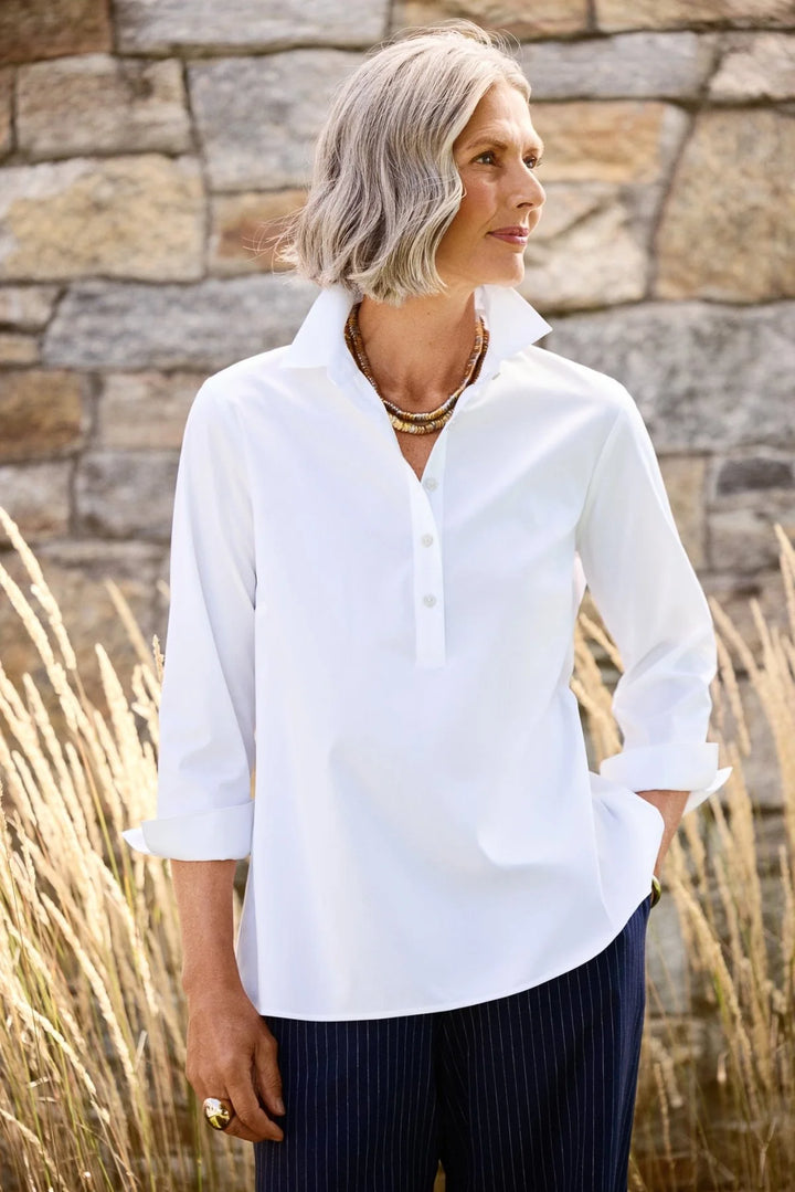 Foxcroft Therese Stretch 3/4 Sleeve Popover Shirt in White