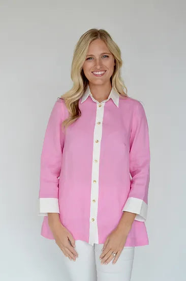Linen Shirt in Candy Pink and Silver available at Mildred Hoit in Palm Beach.