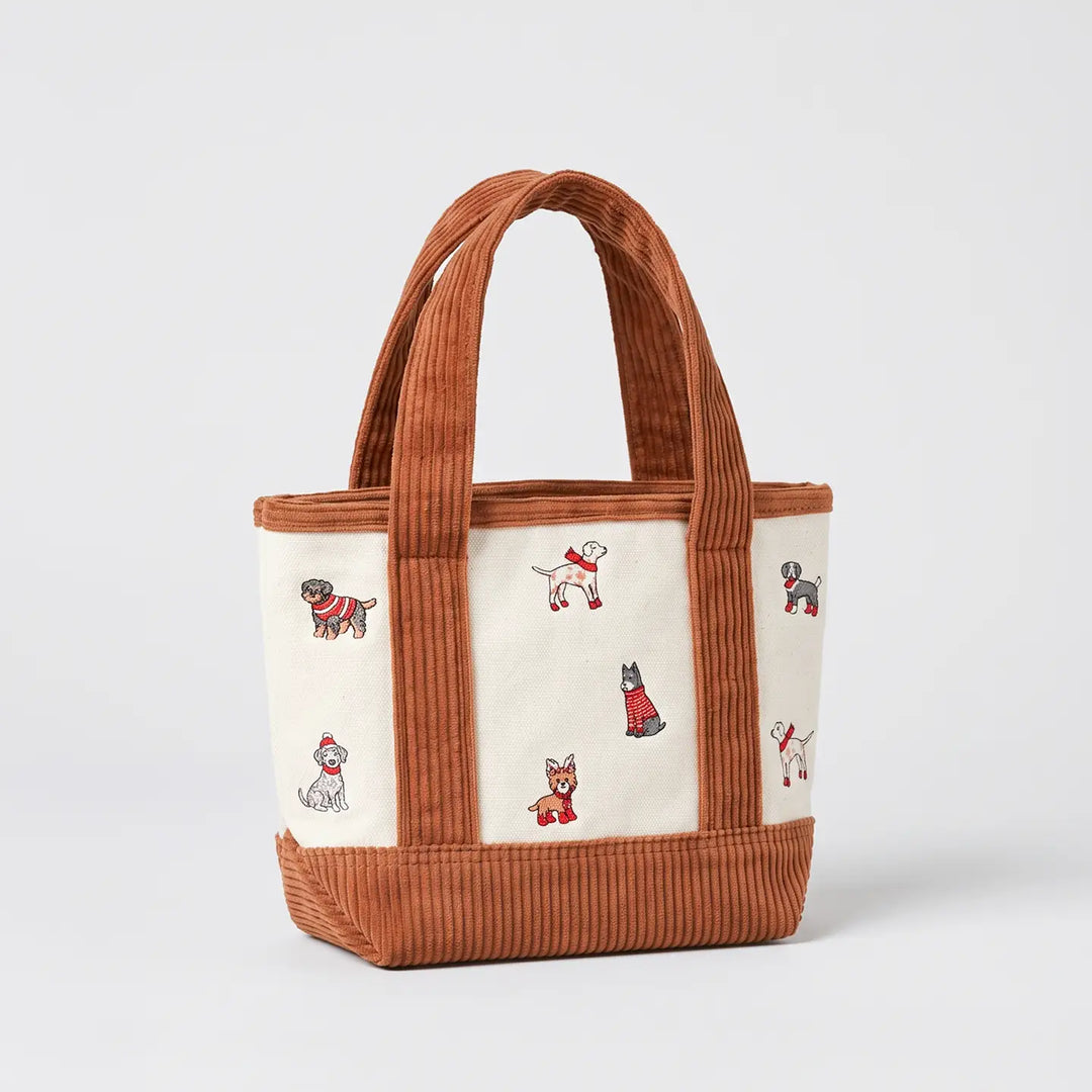 Christmas Dogs Embroidered Corduroy Tote Bag in Brown - Mildred Hoit