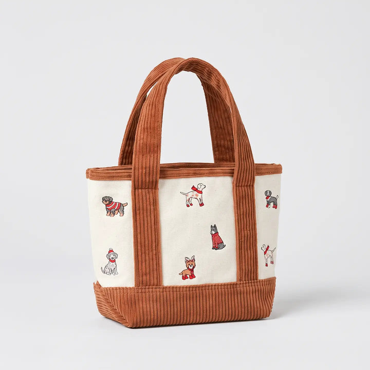 Christmas Dogs Embroidered Corduroy Tote Bag in Brown - Mildred Hoit