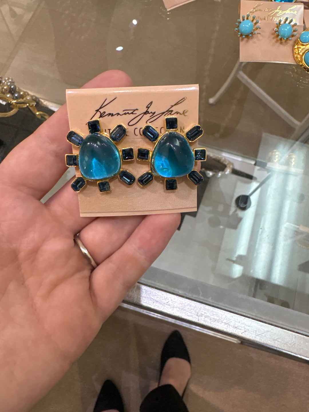 Kenneth Jay Lane Sapphire & Aqua Cabochon Earrings