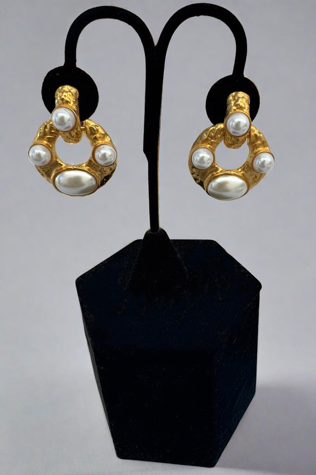 Kenneth Jane Lane Satin Gold and Pearl Doorknocker Earrings available at Mildred Hoit in Palm Beach.