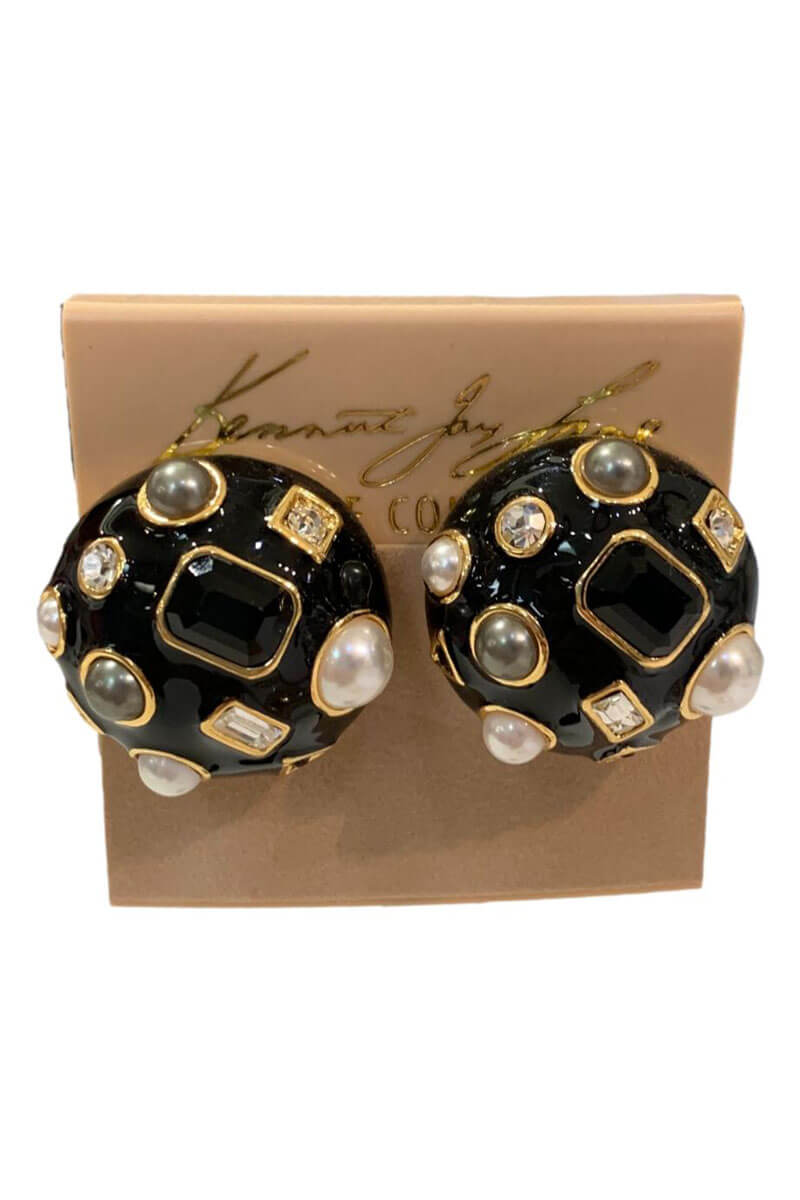 Kenneth Jay Lane Gold, Black, Crystal Domed Earrings - Mildred Hoit