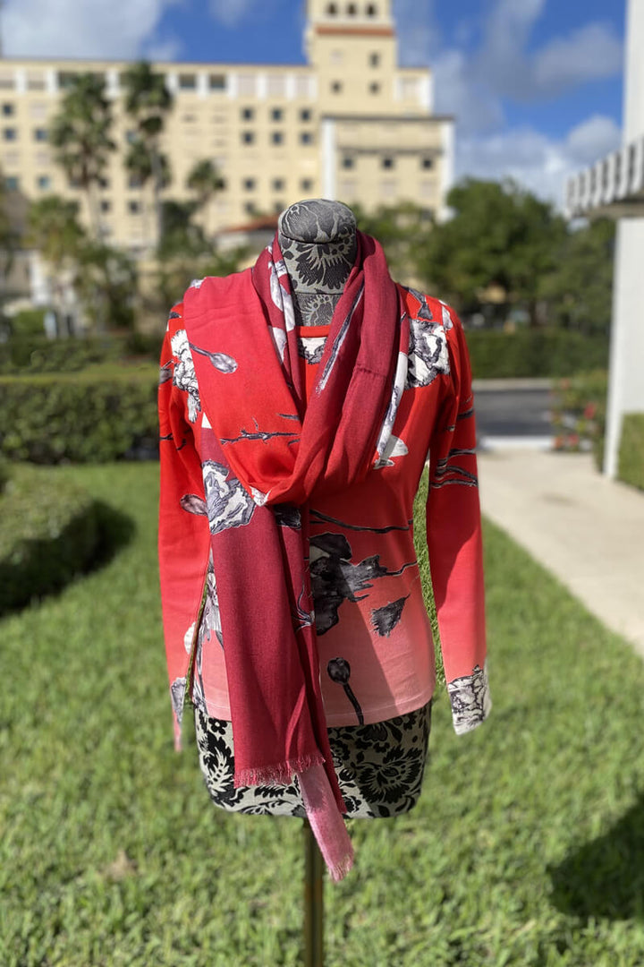 Pashma Scarlet Ombre Floral Sweater and Scarf Set available at Mildred Hoit in Palm Beach.