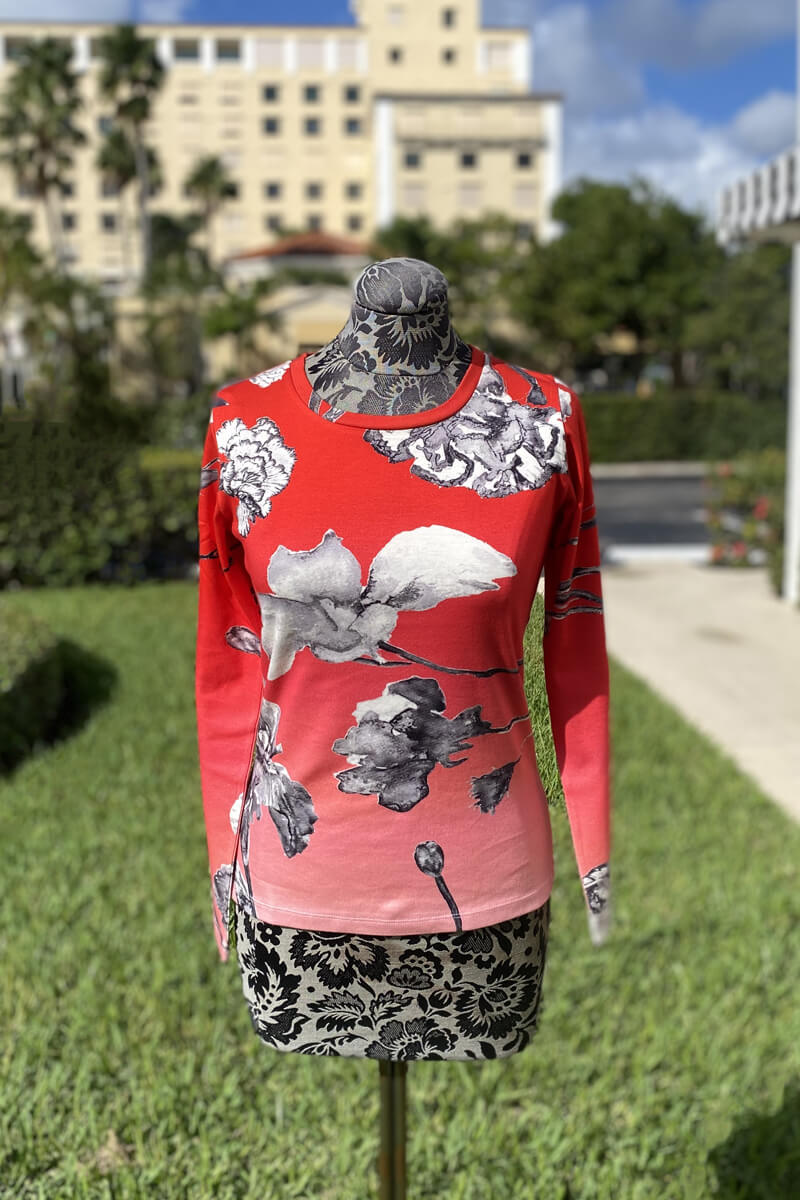 Pashma Scarlet Ombre Floral Sweater and Scarf Set available at Mildred Hoit in Palm Beach.