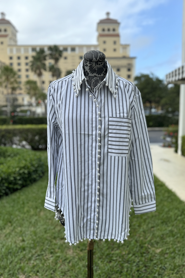 Adore Pearl and Stripe Button Down Blouse available at Mildred Hoit in Palm Beach.