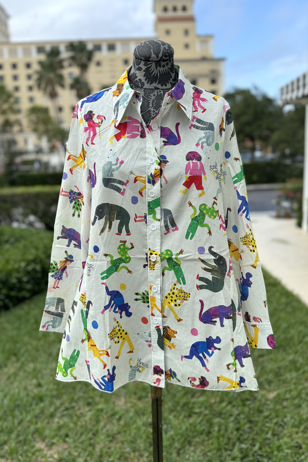 Animal Palooza Button Down Blouse available at Mildred Hoit in Palm Beach.