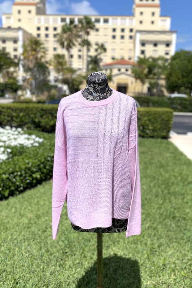 Patchwork Cashmere Sweater in Beach Pink available at Mildred Hoit in Palm Beach.