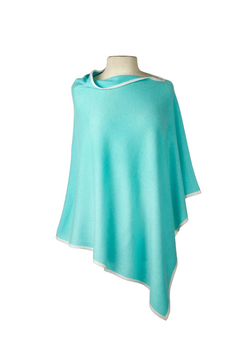 Classic Cashmere Poncho with Ecru Trim in Aquamarine - Mildred Hoit