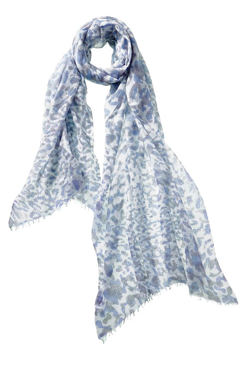A lightweight scarf with a blue and gray abstract animal print pattern on a white background, styled in a draped loop against a plain white studio background.