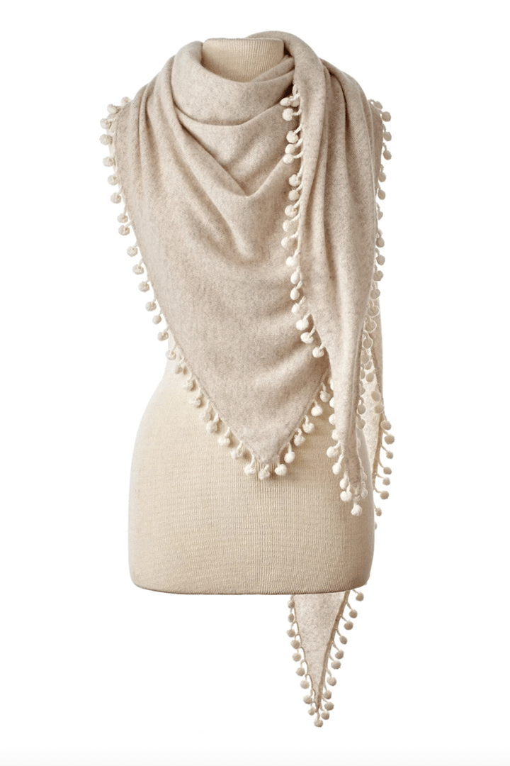 Cashmere Pom Pom Wrap in Sand and Ivory - Mildred Hoit