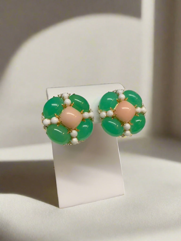 Coral, Chrysophrase, and White Agate Earring - Mildred Hoit