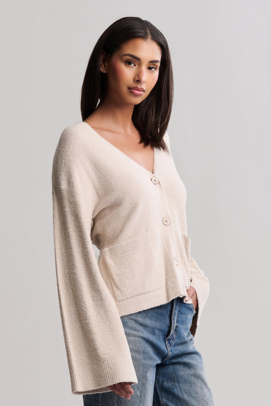 Barefoot Dreams Wide Sleeve Button Front Cardigan in Stone - Mildred Hoit