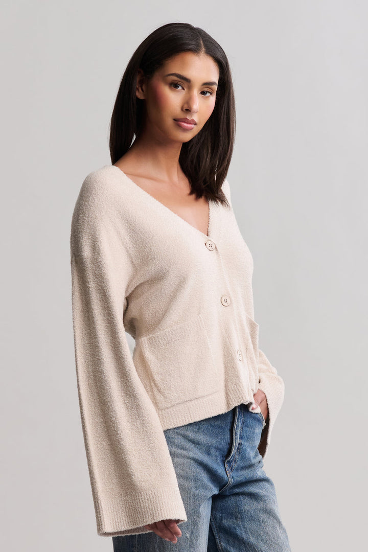 Barefoot Dreams Wide Sleeve Button Front Cardigan in Stone - Mildred Hoit