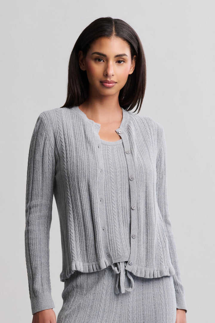 Barefoot Dreams Cable Knit Cardigan with Ruffle in Moonbeam - Mildred Hoit