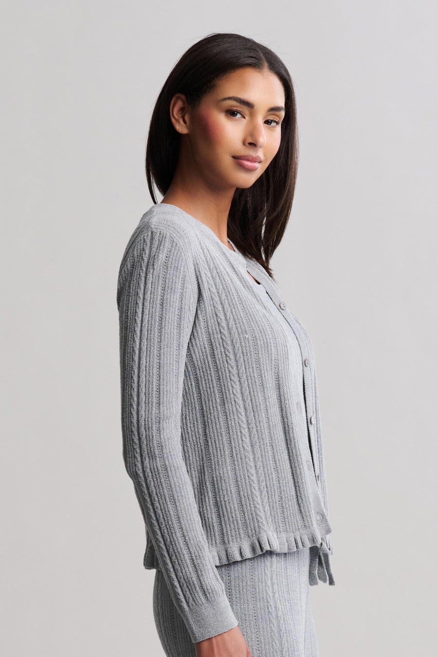 Barefoot Dreams Cable Knit Cardigan with Ruffle in Moonbeam - Mildred Hoit