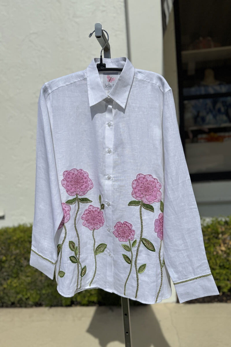 Bella Tu Sheer Flower Shirt in Pink Linen - Mildred Hoit