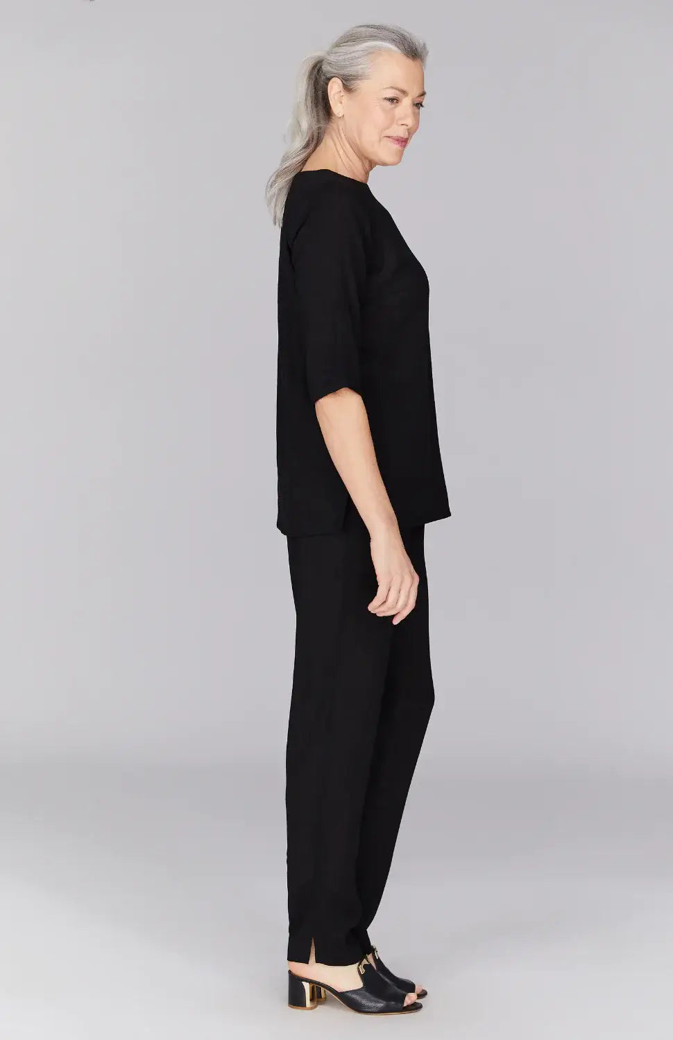 Emmelle Microlinen Flat Front Pants in Black - Mildred Hoit