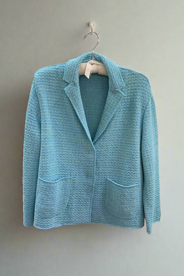 Base Milano Knit Jacket in Sky available at Mildred Hoit in Palm Beach.