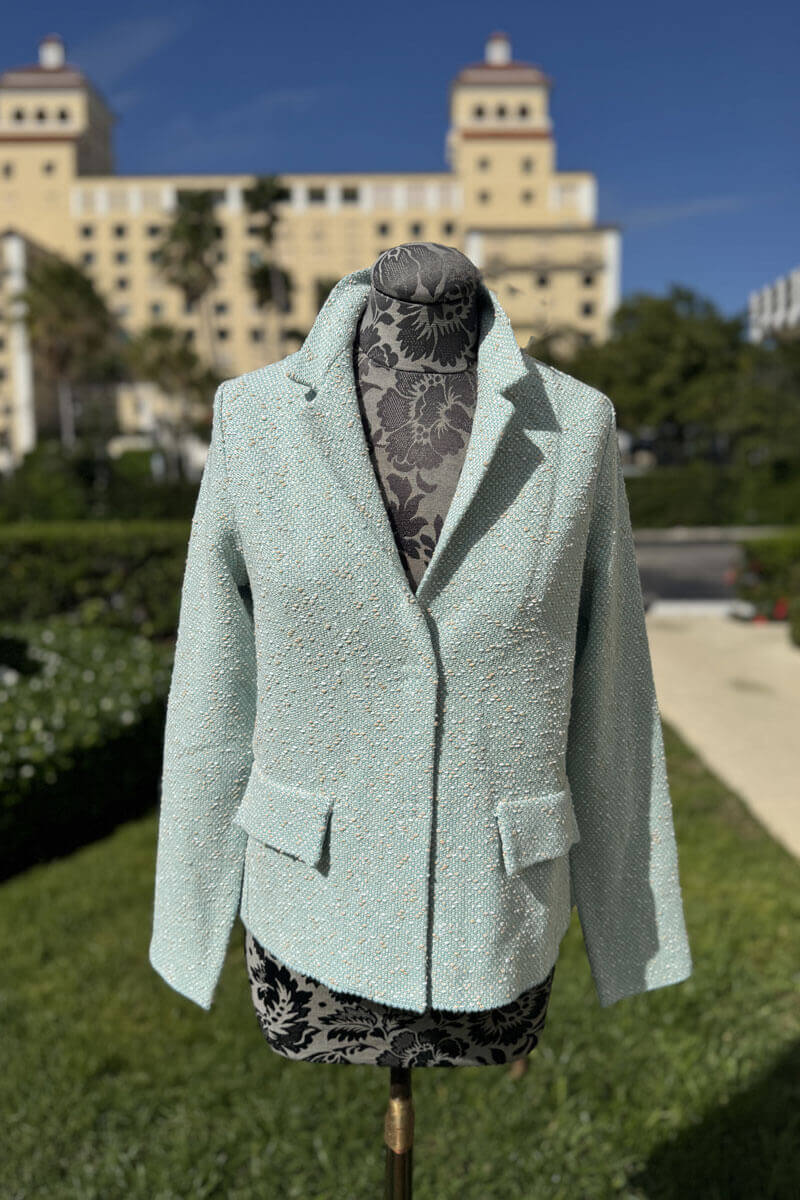 Italian Cotton Woven Jacket in Aqua available at Mildred Hoit in Palm Beach.