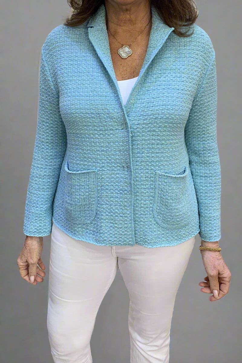 Base Milano Knit Jacket in Sky available at Mildred Hoit in Palm Beach.