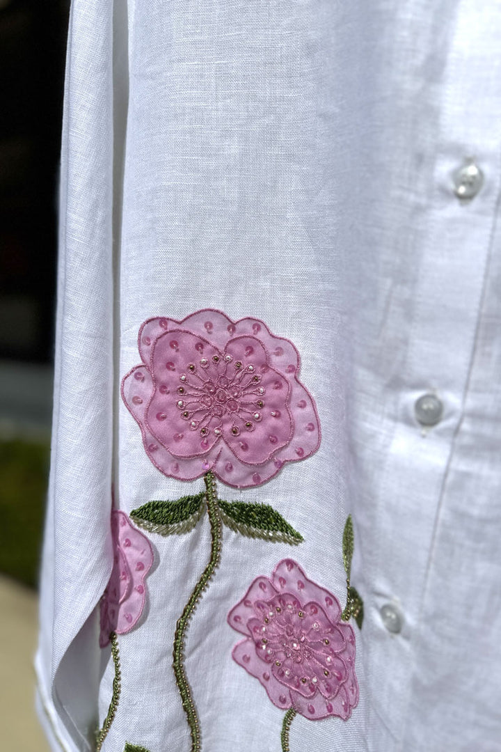 Bella Tu Sheer Flower Shirt in Pink Linen - Mildred Hoit