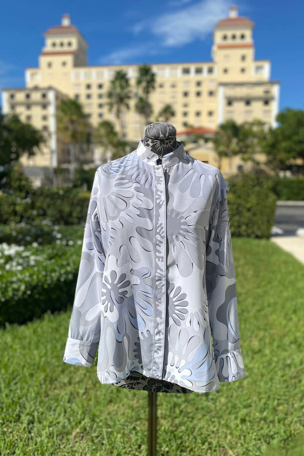 Averardo Bessi Silk Blouse with Mandarin Collar in Prater 015 available at Mildred Hoit in Palm Beach.