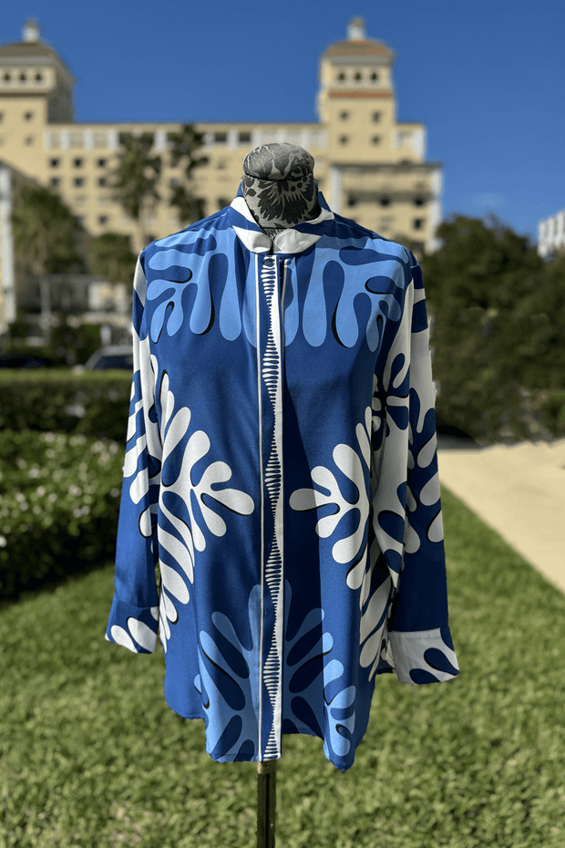 Averardo Bessi Mandarin Collar Silk Blouse in Villa 002 available at Mildred Hoit in Palm Beach.