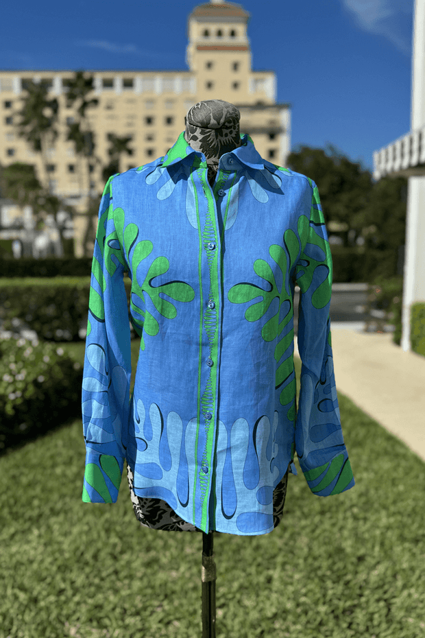 Averardo Bessi Linen Button Down Blouse with Collar in Villa 003 available at Mildred Hoit in Palm Beach.