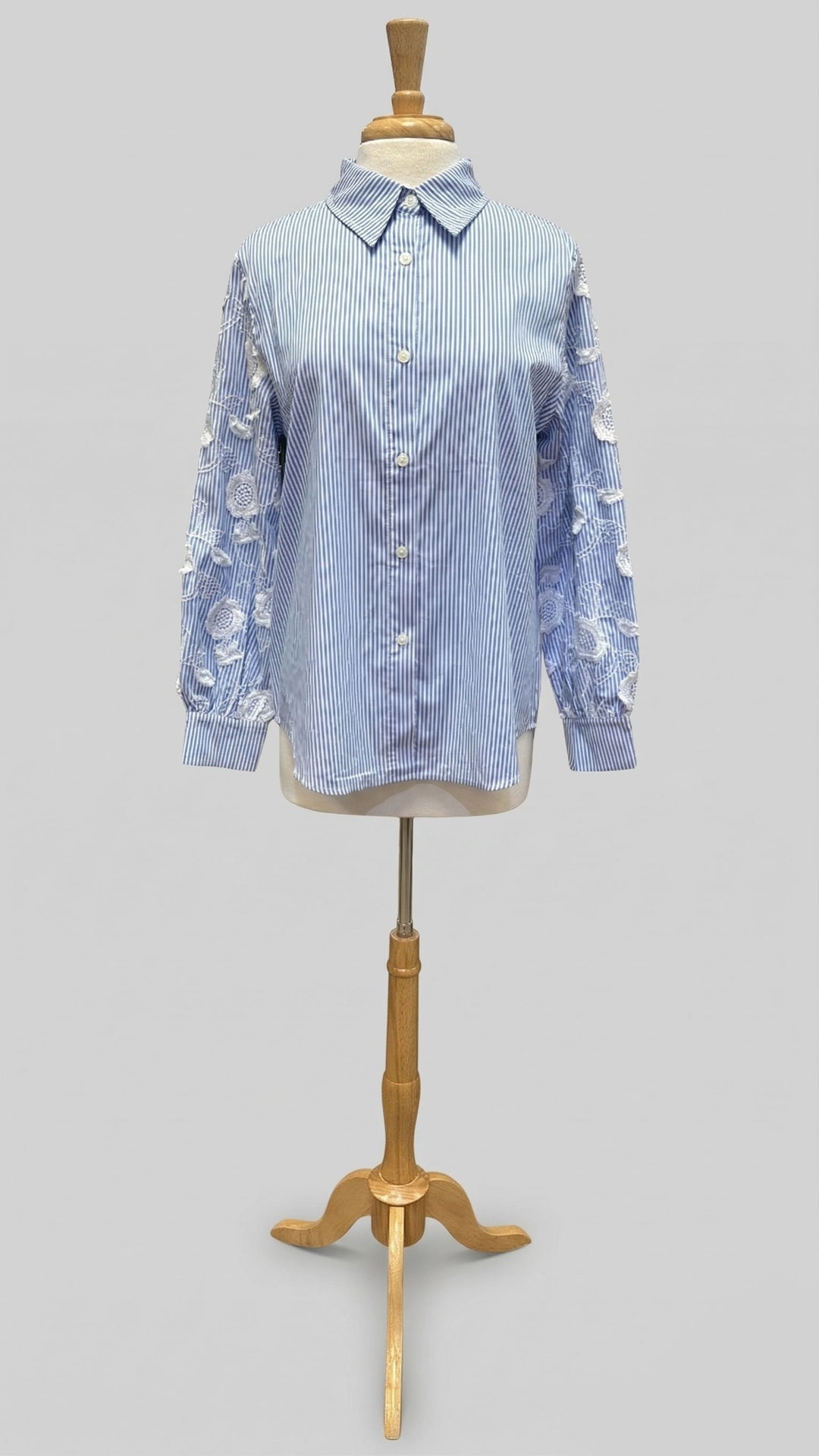 Blue & White Stripe Blouse with White Floral Sleeve Detail - Mildred Hoit
