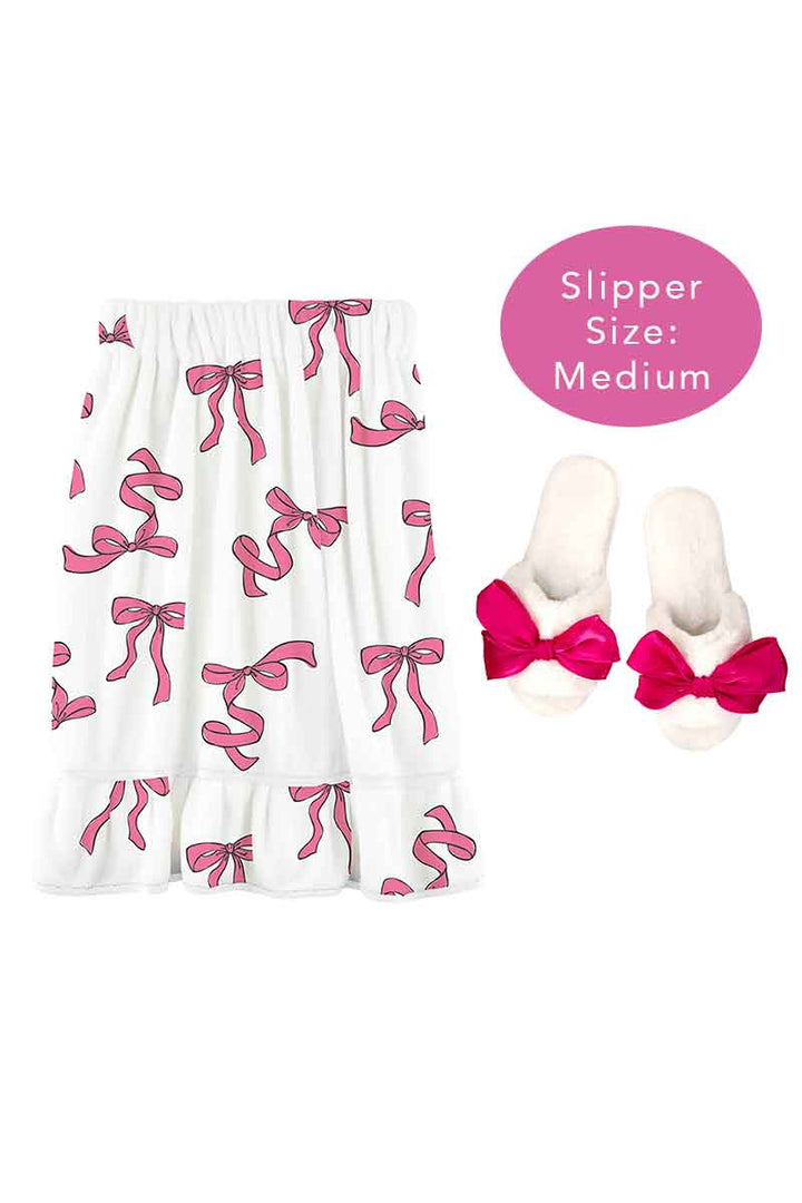 Pink Bows Spa Wrap & Ivory Medium Slippers with Hot Pink Bow Set