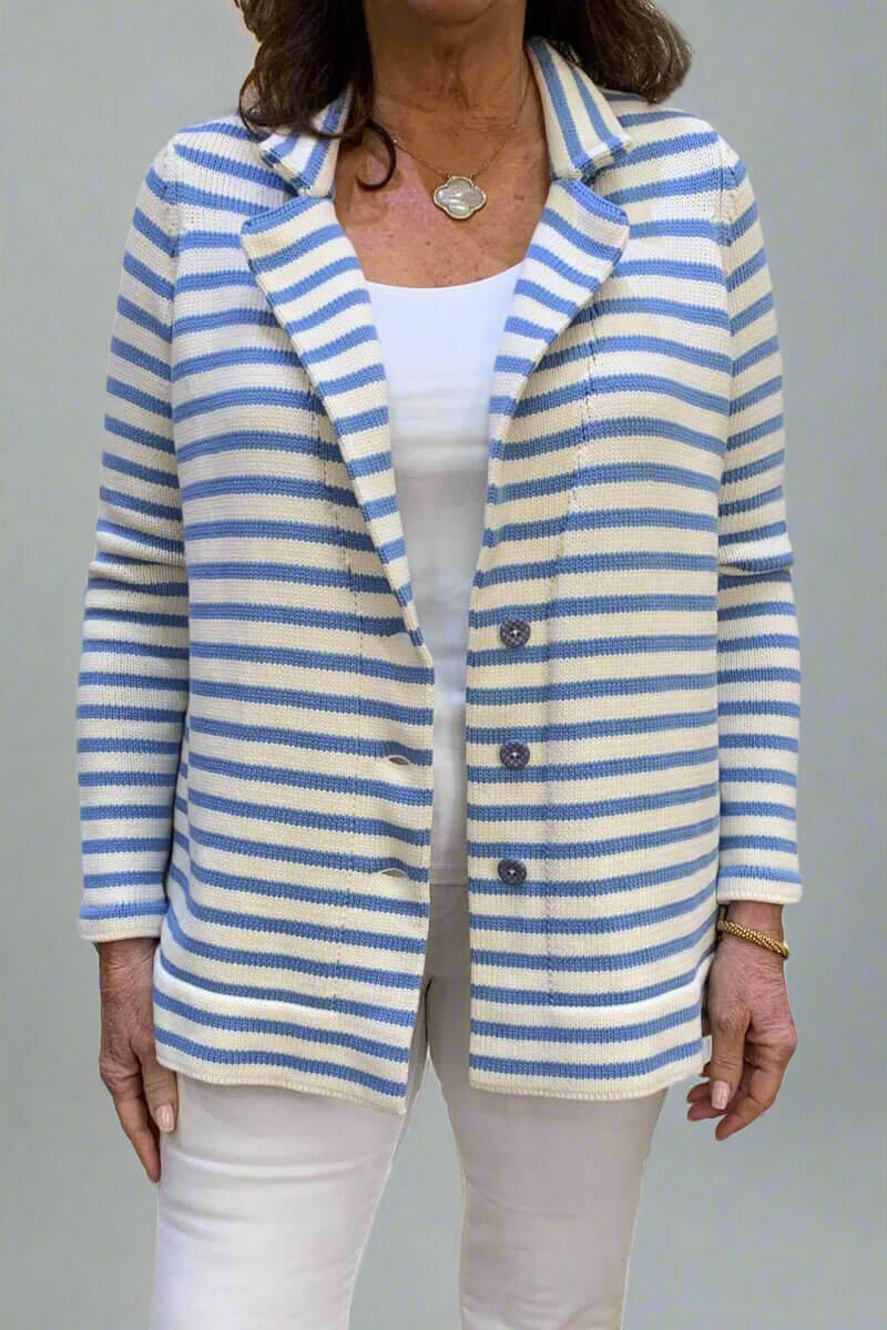 Blue and Ivory Button Down Sweater available at Mildred Hoit in Palm Beach.