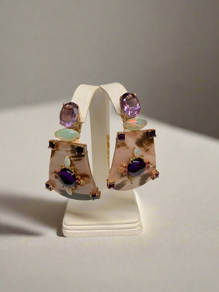 Peridot, Tourmaline, Amethyst, Opal, and Pink Mother of Pearl Earrings - Mildred Hoit