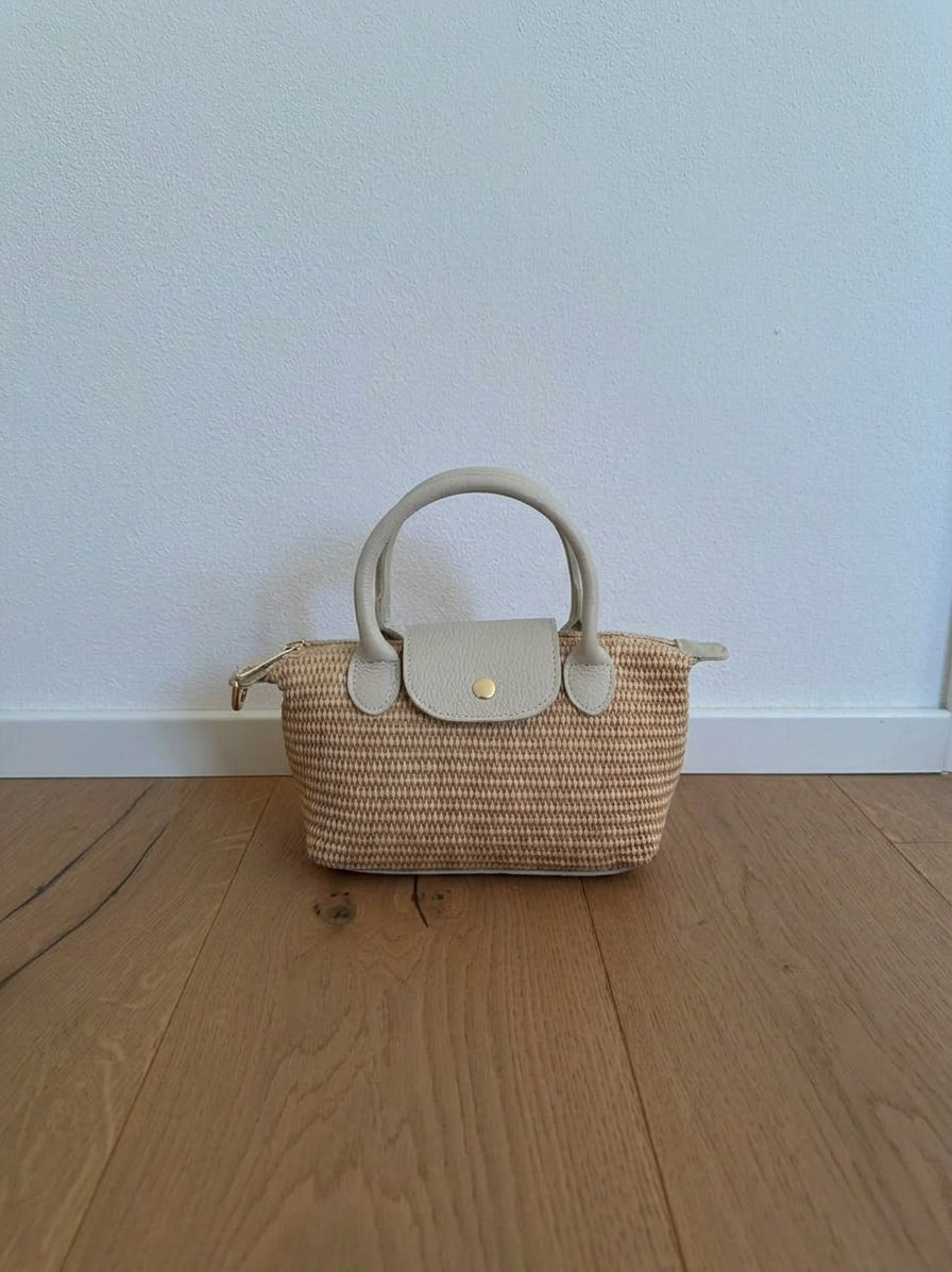 Cherie Raffia & Leather Handbag in Beige - Mildred Hoit