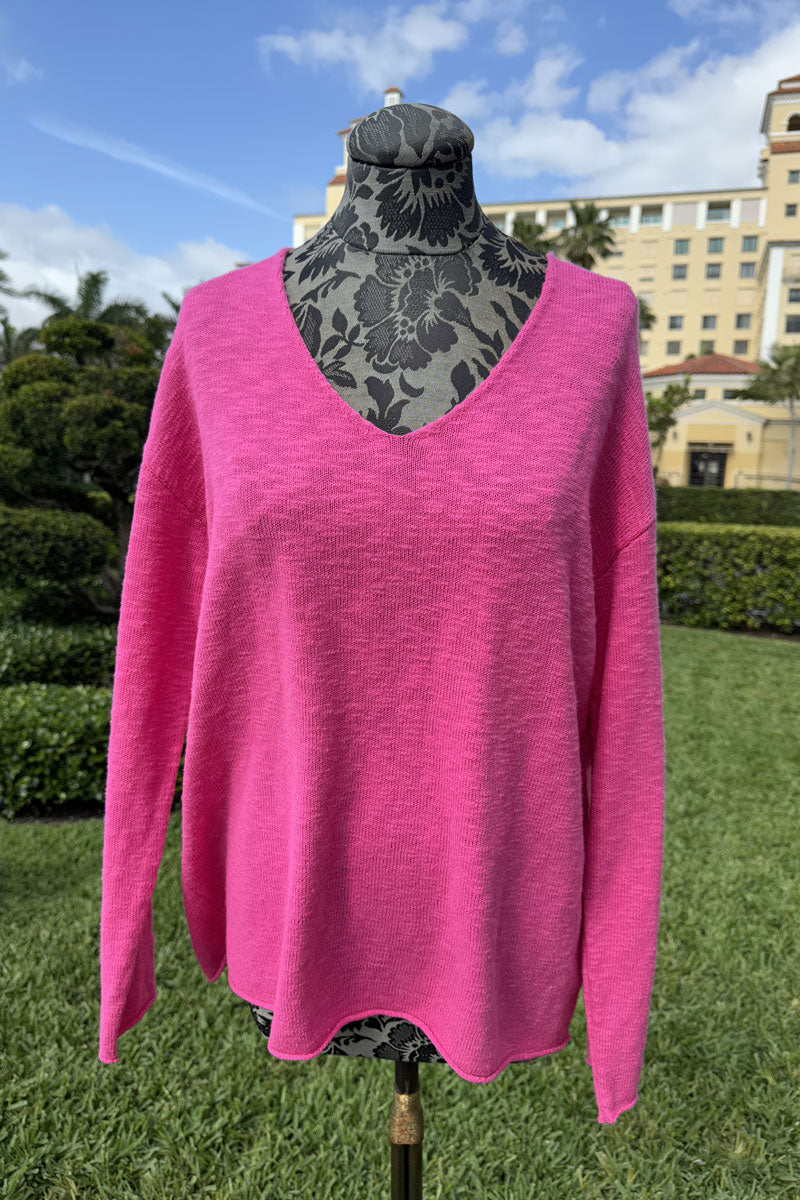 Solid Cotton V-Neck in Hot Pink - Mildred Hoit