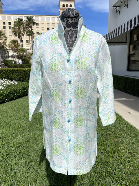 Connie Roberson Blue and Green Geometric Jacket available at Mildred Hoit in Palm Beach.