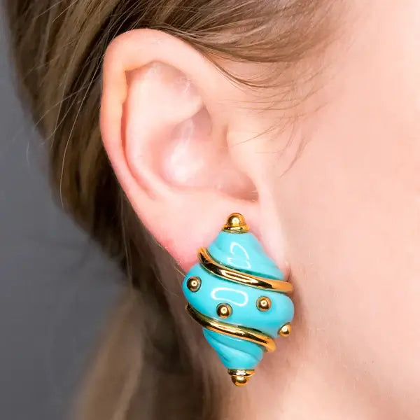 Kenneth Jay Lane Turquoise Shell with Gold Dots Clip Earrings - Mildred Hoit