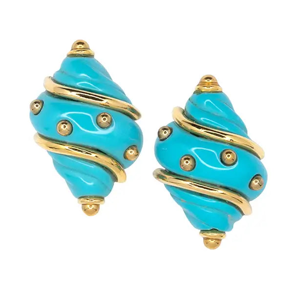 Kenneth Jay Lane Turquoise Shell with Gold Dots Clip Earrings available at Mildred Hoit in Palm Beach.