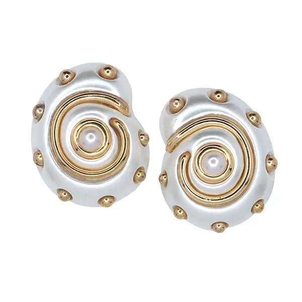 Kenneth Jay Lane Pearl & Gold Snail Earrings - Mildred Hoit