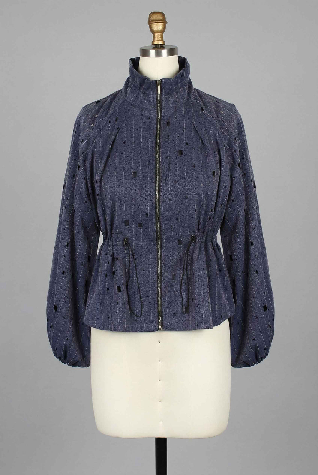 Bedazzled Laser Cut Drawstring Jacket in Denim Blue