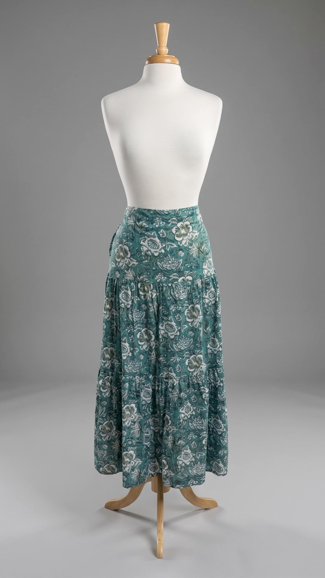 Block Printed Tiered Floral Skirt in Green