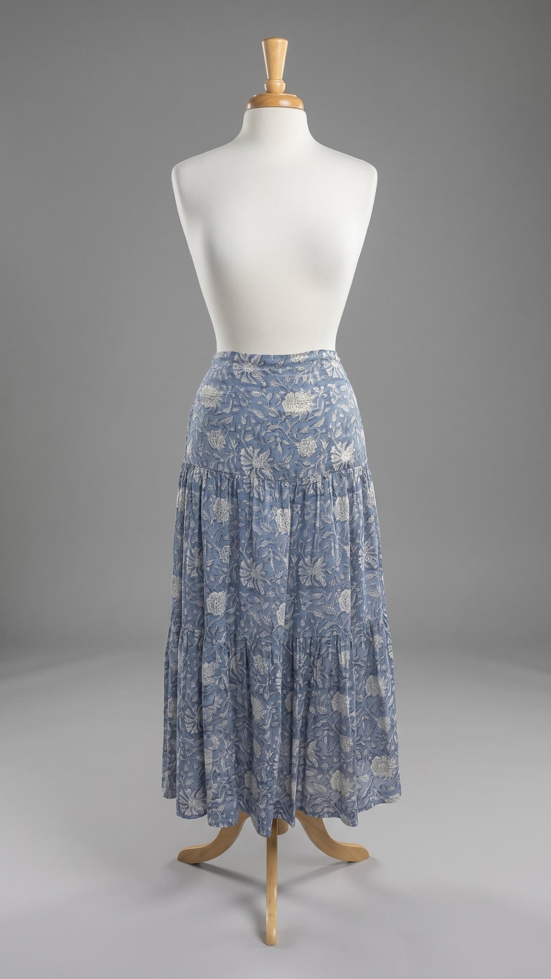 Block Printed Tiered Skirt in Light Blue