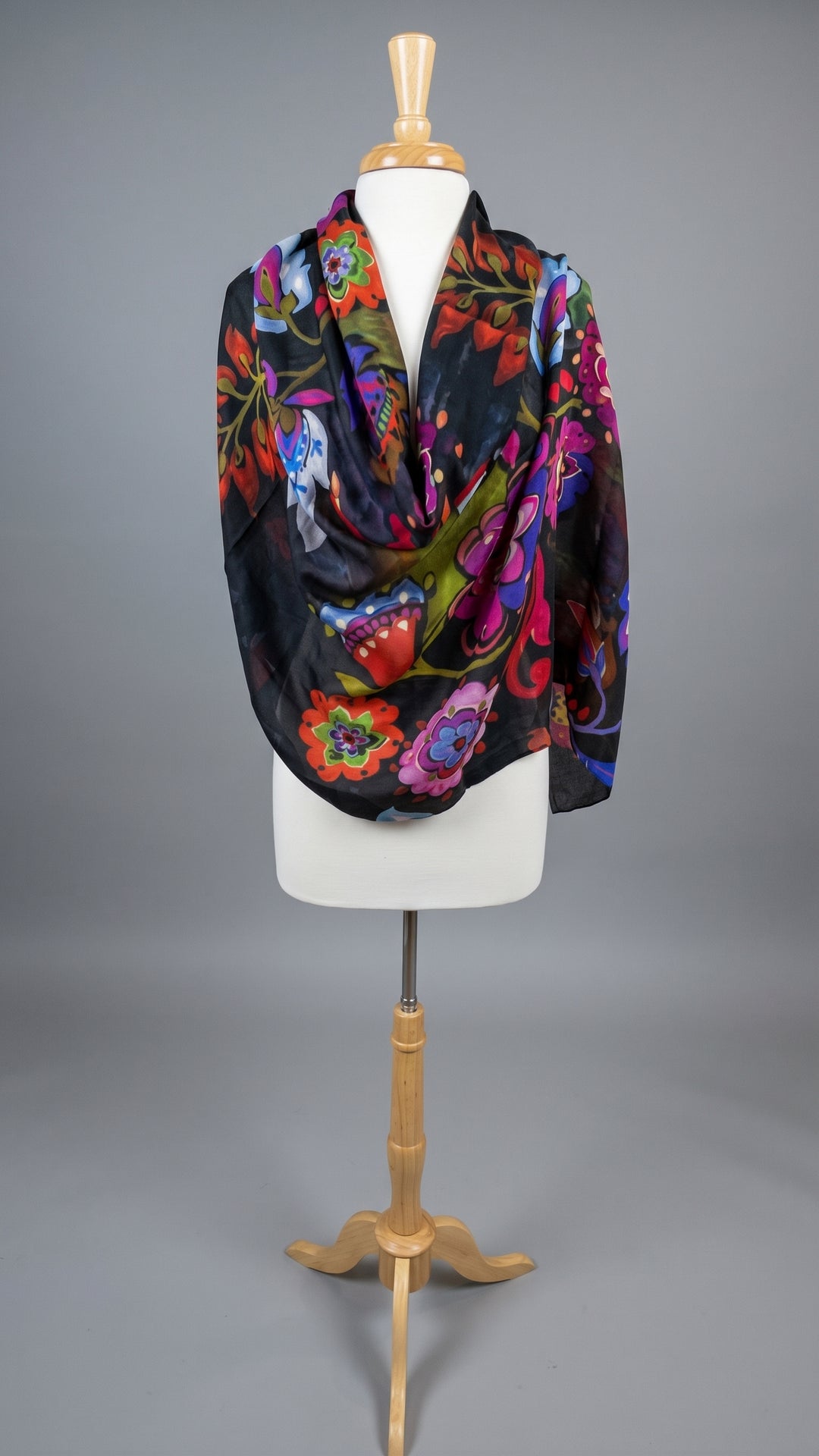 Silk & Wool Scarf in Black Bright Multi Print
