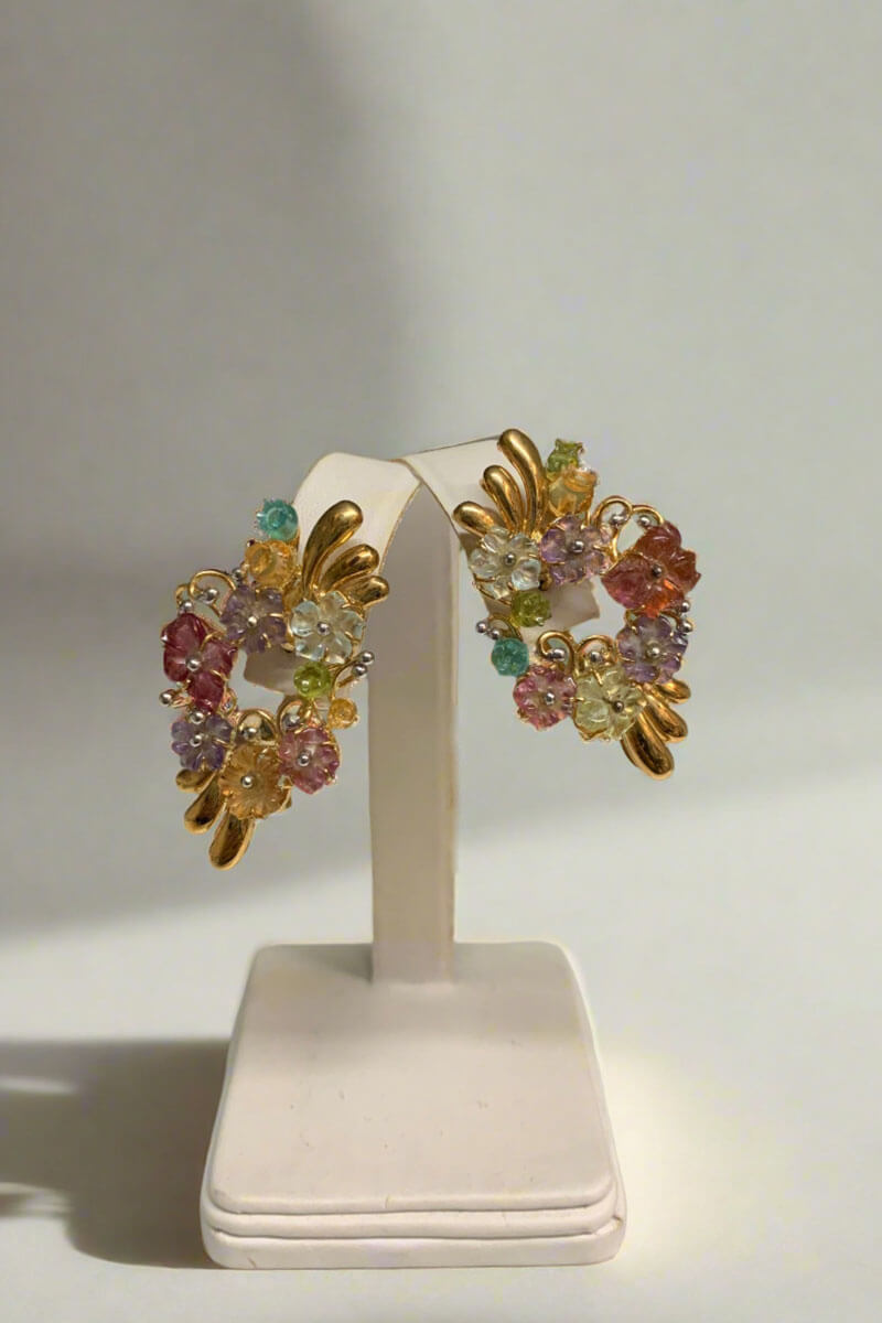 Mildred Hoit Private Jewelry Collection Multi-Color Floral Earrings with Gold Detail available at Mildred Hoit in Palm Beach.