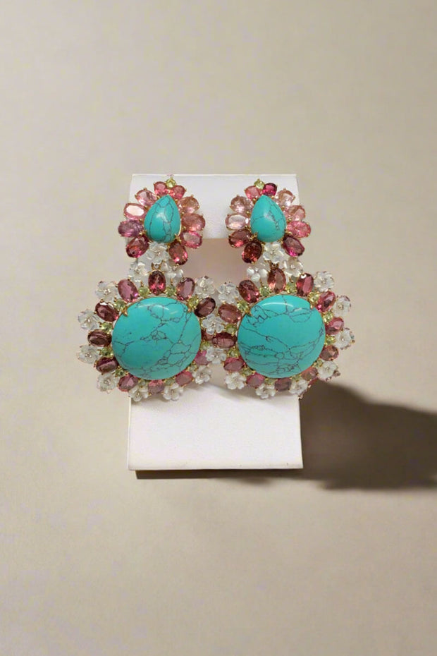 Mildred Hoit Private Jewelry Collection Floral Drop Earrings with Turquoise Center available at Mildred Hoit in Palm Beach.